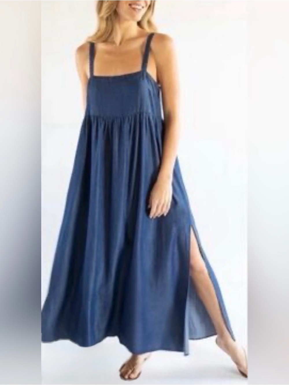 NATURAL LIFE Chambray Denim Blue Sleeveless Maxi Dress w Side Slit XL